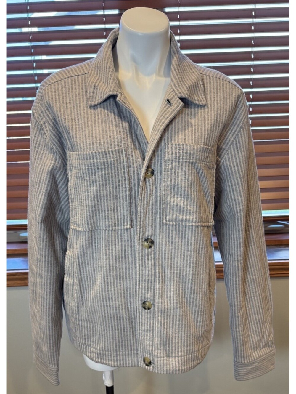 Marine Layer Button Shacket Mens Large Gray/cream Striped Long Sleeve